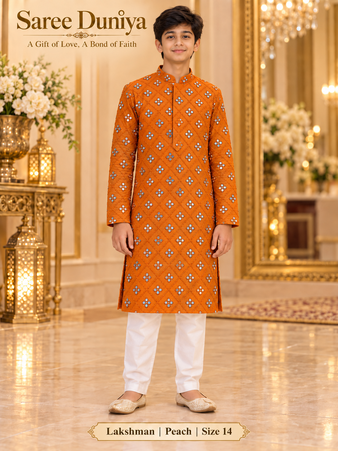 Lakshman Peach size 14: age-appropriate child model wearing the embellished kurta and white polo pajama set.
