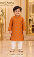 Lakshman Peach size 2: age-appropriate child model wearing the embellished kurta and white polo pajama set.