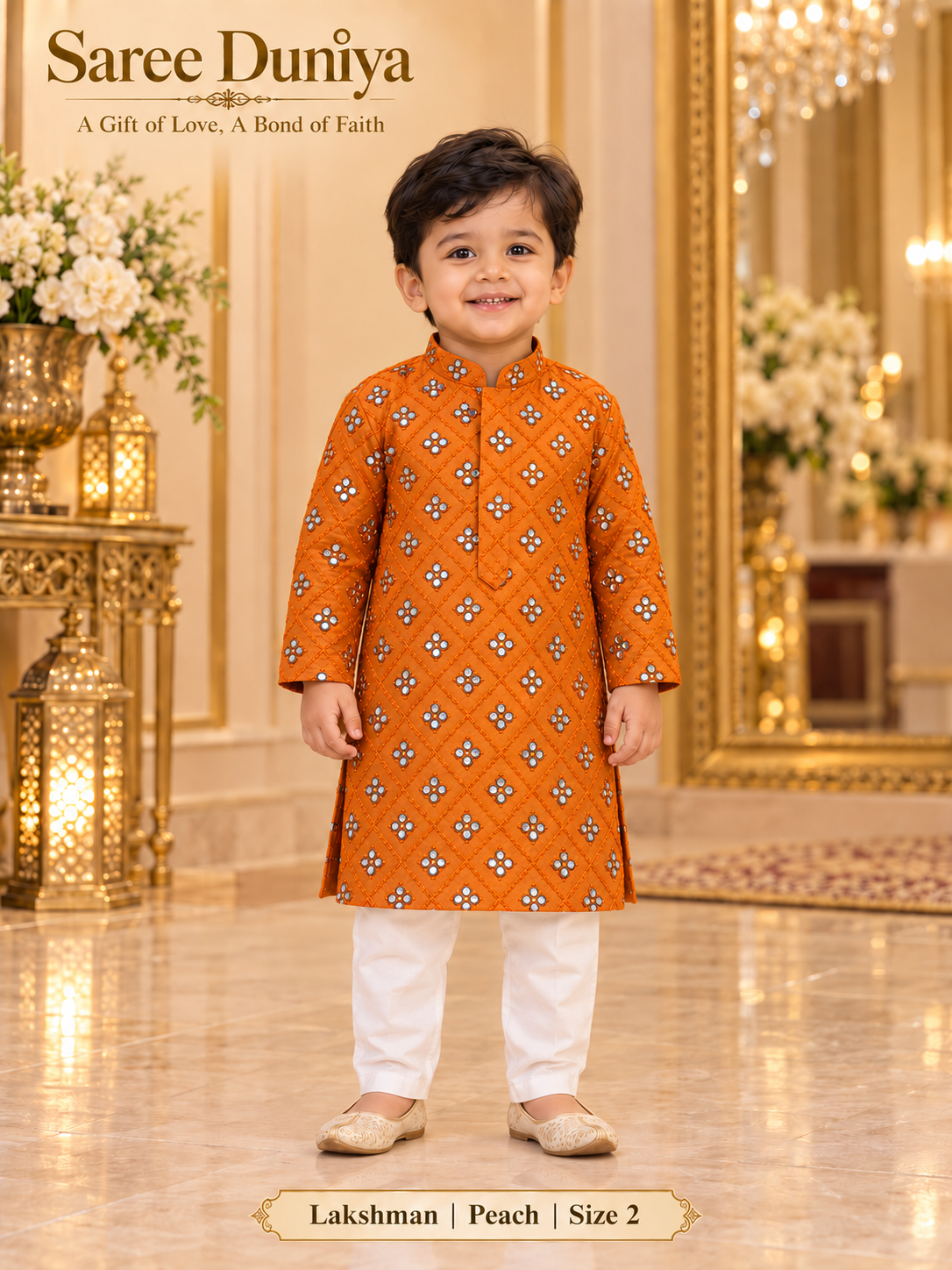 Lakshman Peach size 2: age-appropriate child model wearing the embellished kurta and white polo pajama set.