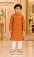Lakshman Peach size 4: age-appropriate child model wearing the embellished kurta and white polo pajama set.