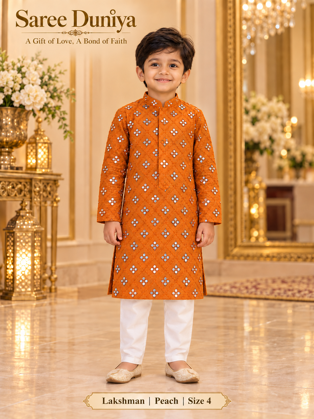 Lakshman Peach size 4: age-appropriate child model wearing the embellished kurta and white polo pajama set.