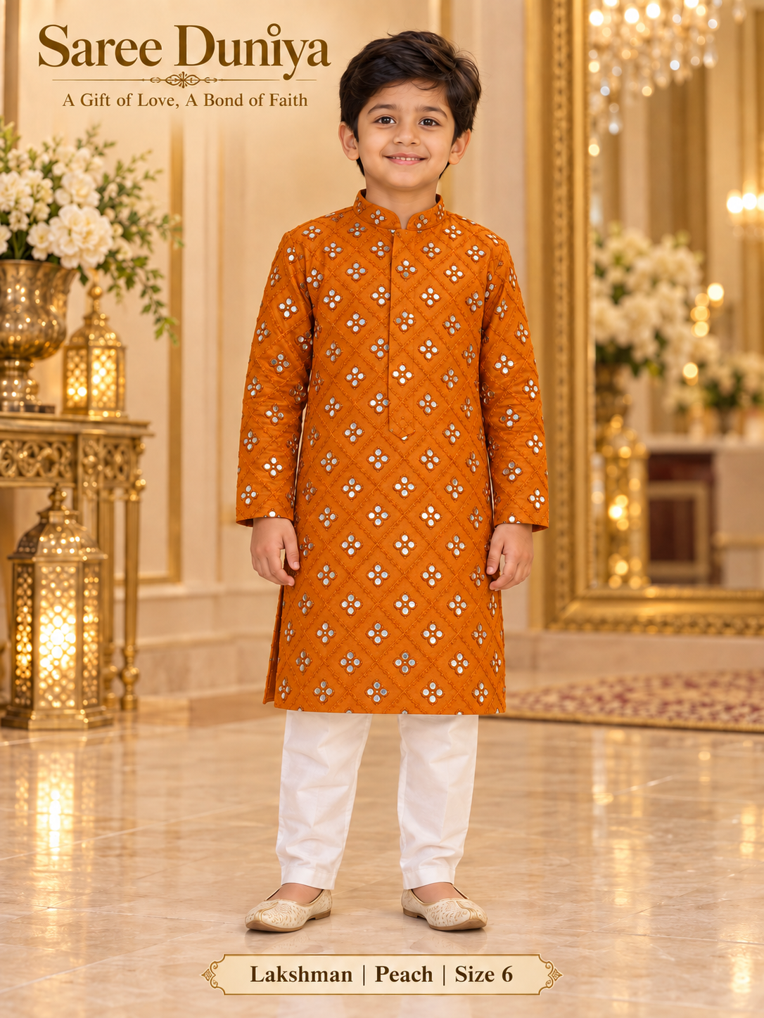 Lakshman Peach size 6: age-appropriate child model wearing the embellished kurta and white polo pajama set.
