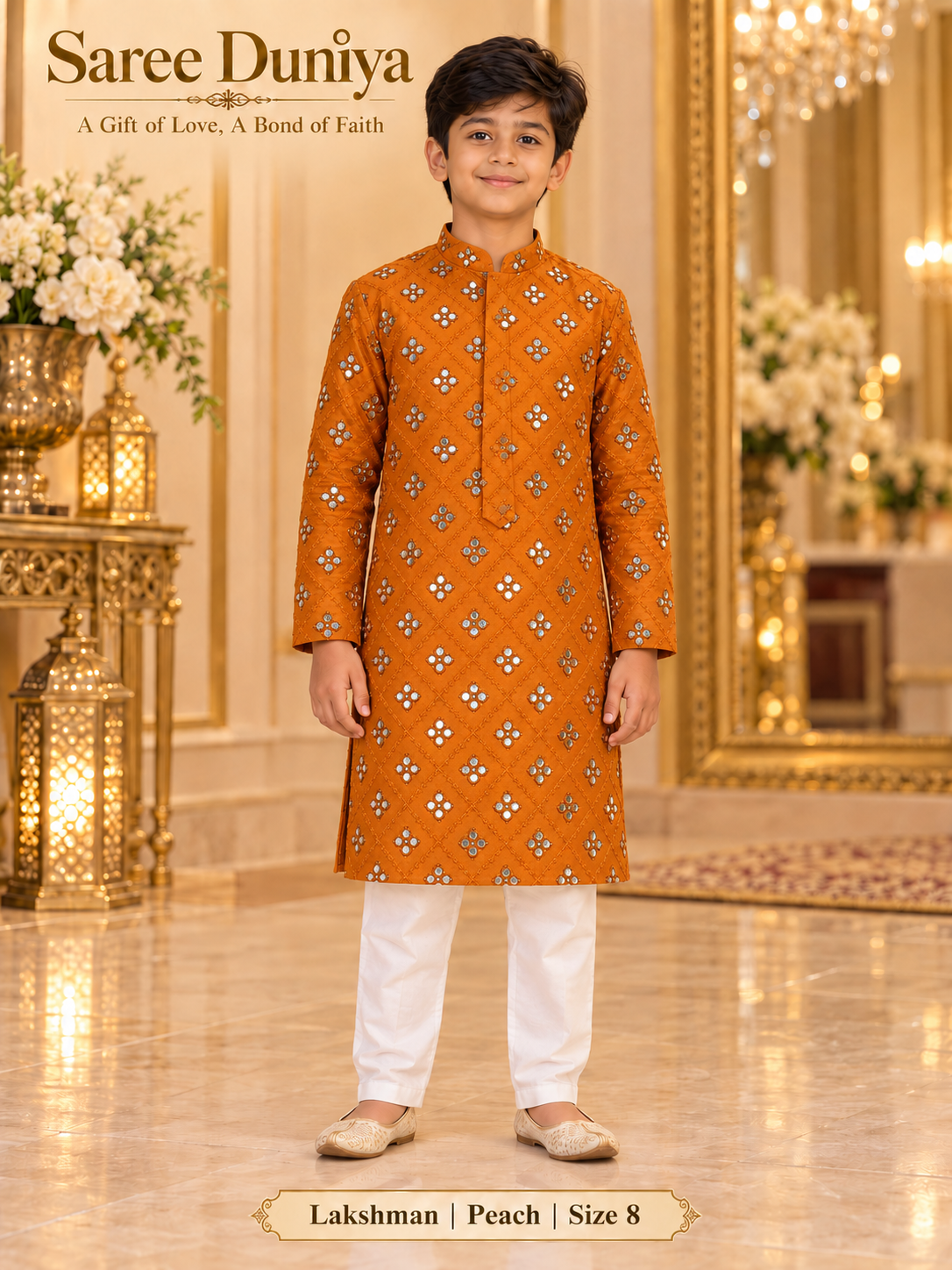 Lakshman Peach size 8: age-appropriate child model wearing the embellished kurta and white polo pajama set.