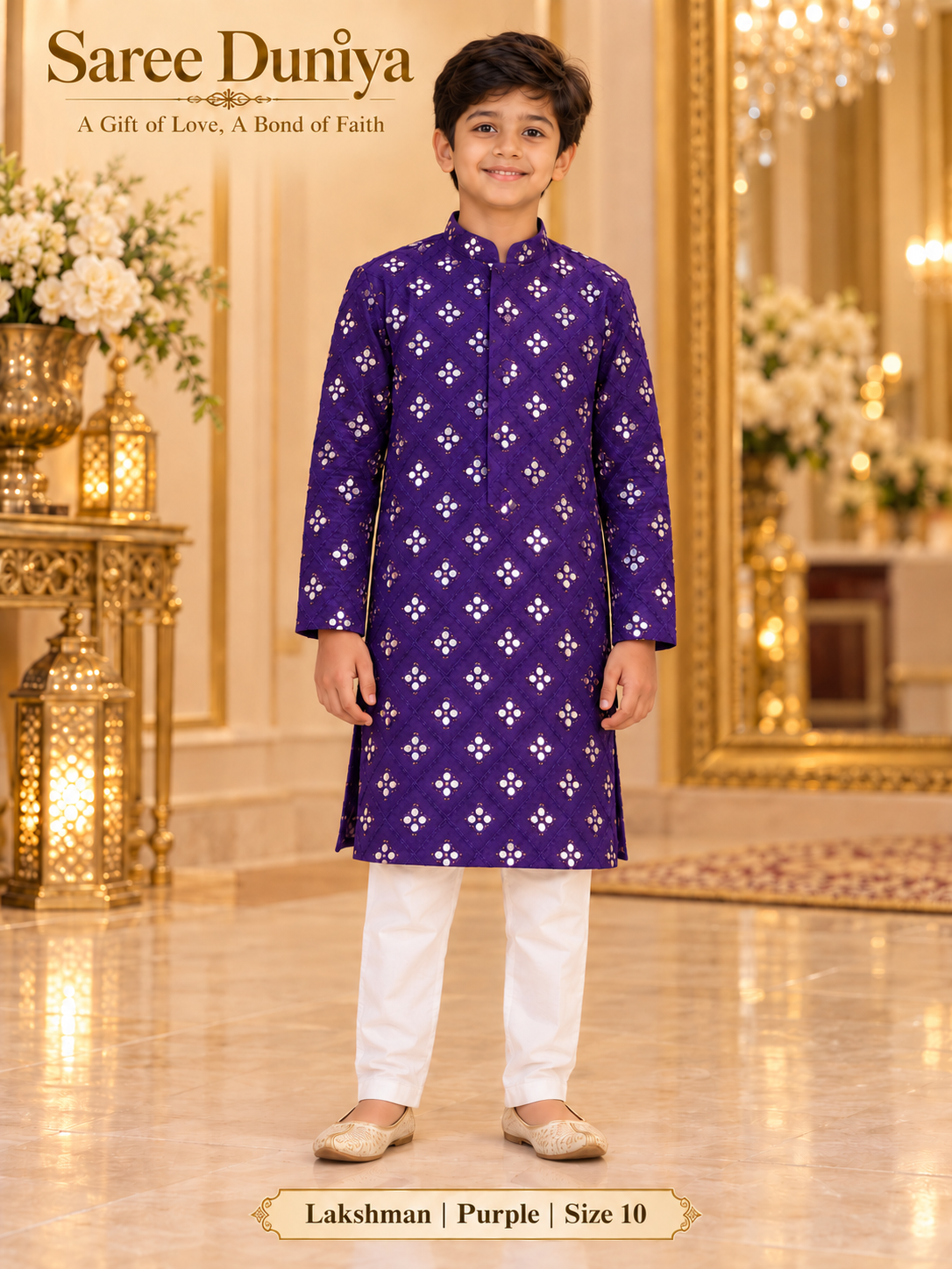 Lakshman Purple size 10: age-appropriate child model wearing the embellished kurta and white polo pajama set.