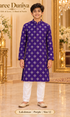 Lakshman Purple size 12: age-appropriate child model wearing the embellished kurta and white polo pajama set.