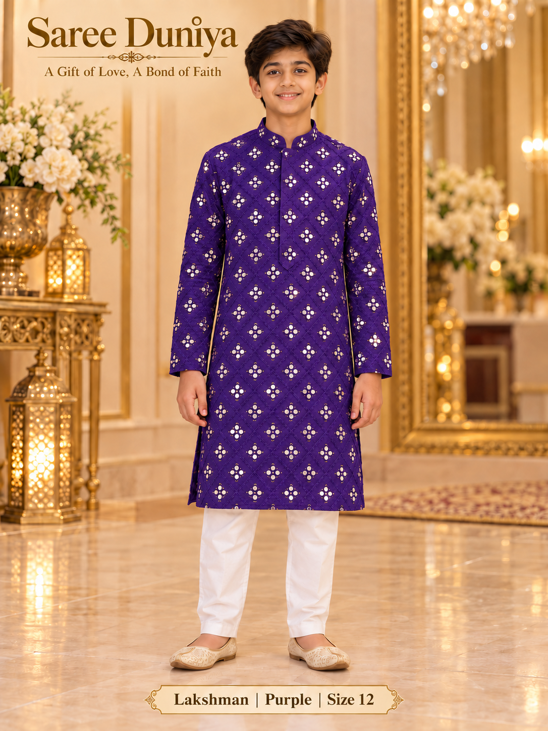 Lakshman Purple size 12: age-appropriate child model wearing the embellished kurta and white polo pajama set.
