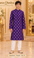 Lakshman Purple size 14: age-appropriate child model wearing the embellished kurta and white polo pajama set.