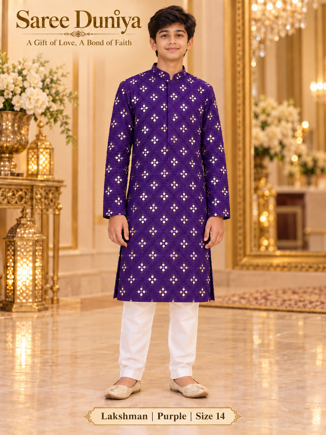 Lakshman Purple size 14: age-appropriate child model wearing the embellished kurta and white polo pajama set.