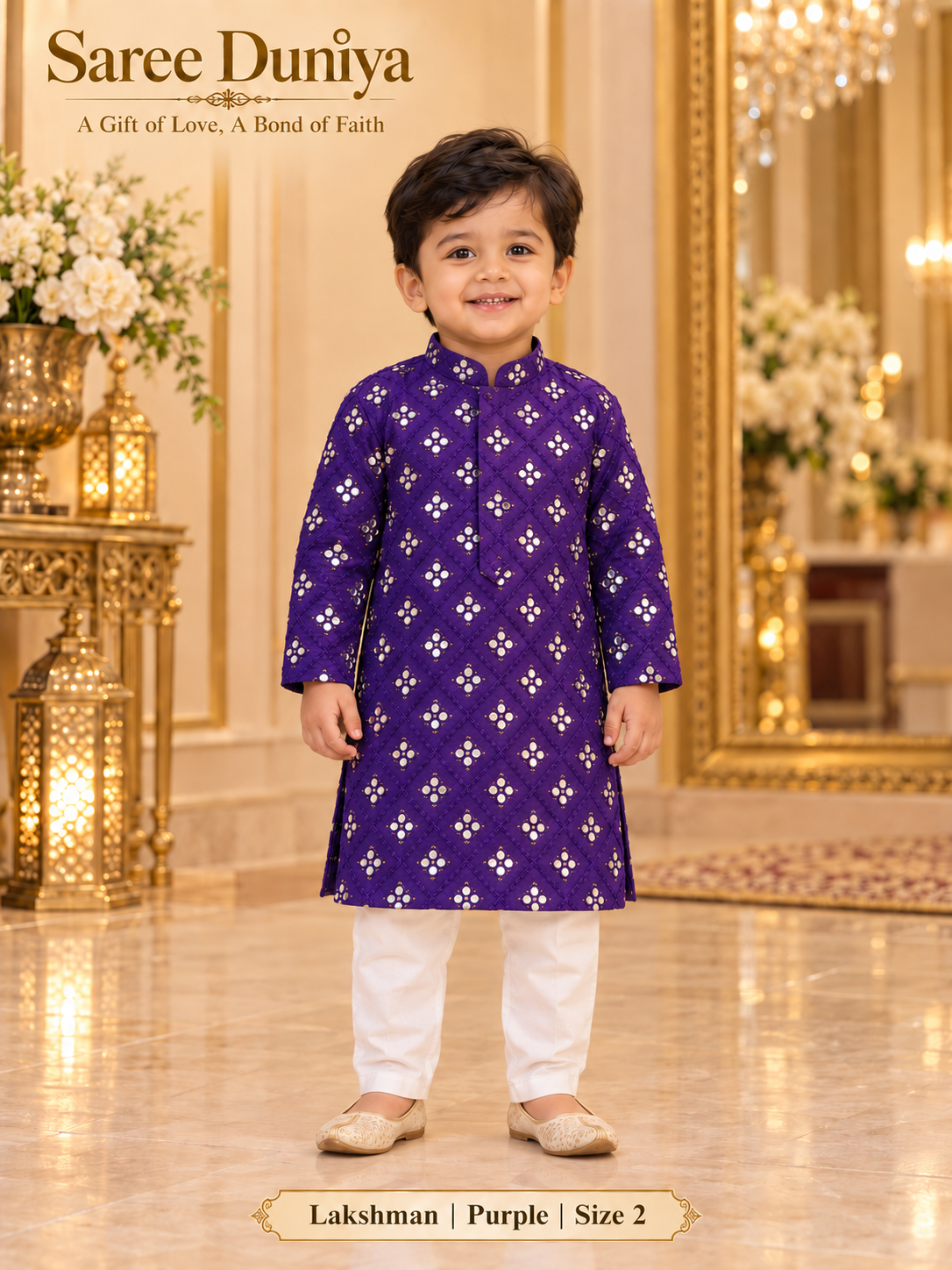 Lakshman Purple size 2: age-appropriate child model wearing the embellished kurta and white polo pajama set.