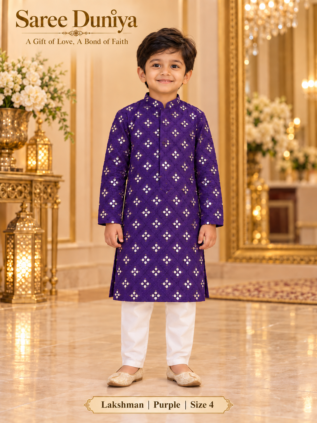 Lakshman Purple size 4: age-appropriate child model wearing the embellished kurta and white polo pajama set.