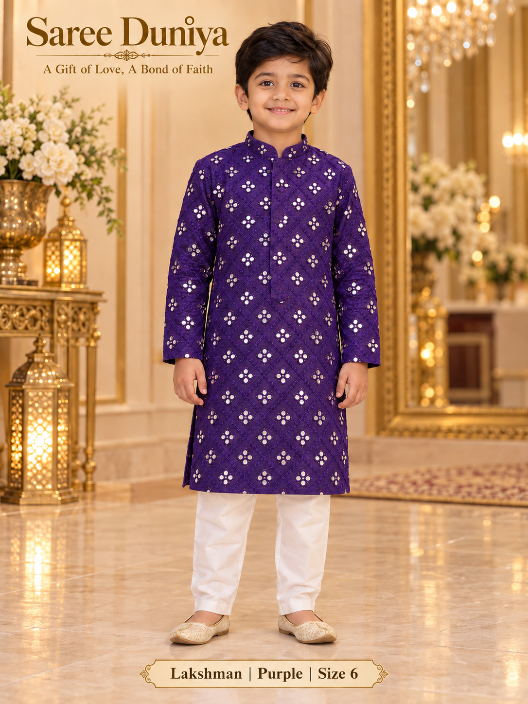 Lakshman Purple size 6: age-appropriate child model wearing the embellished kurta and white polo pajama set.