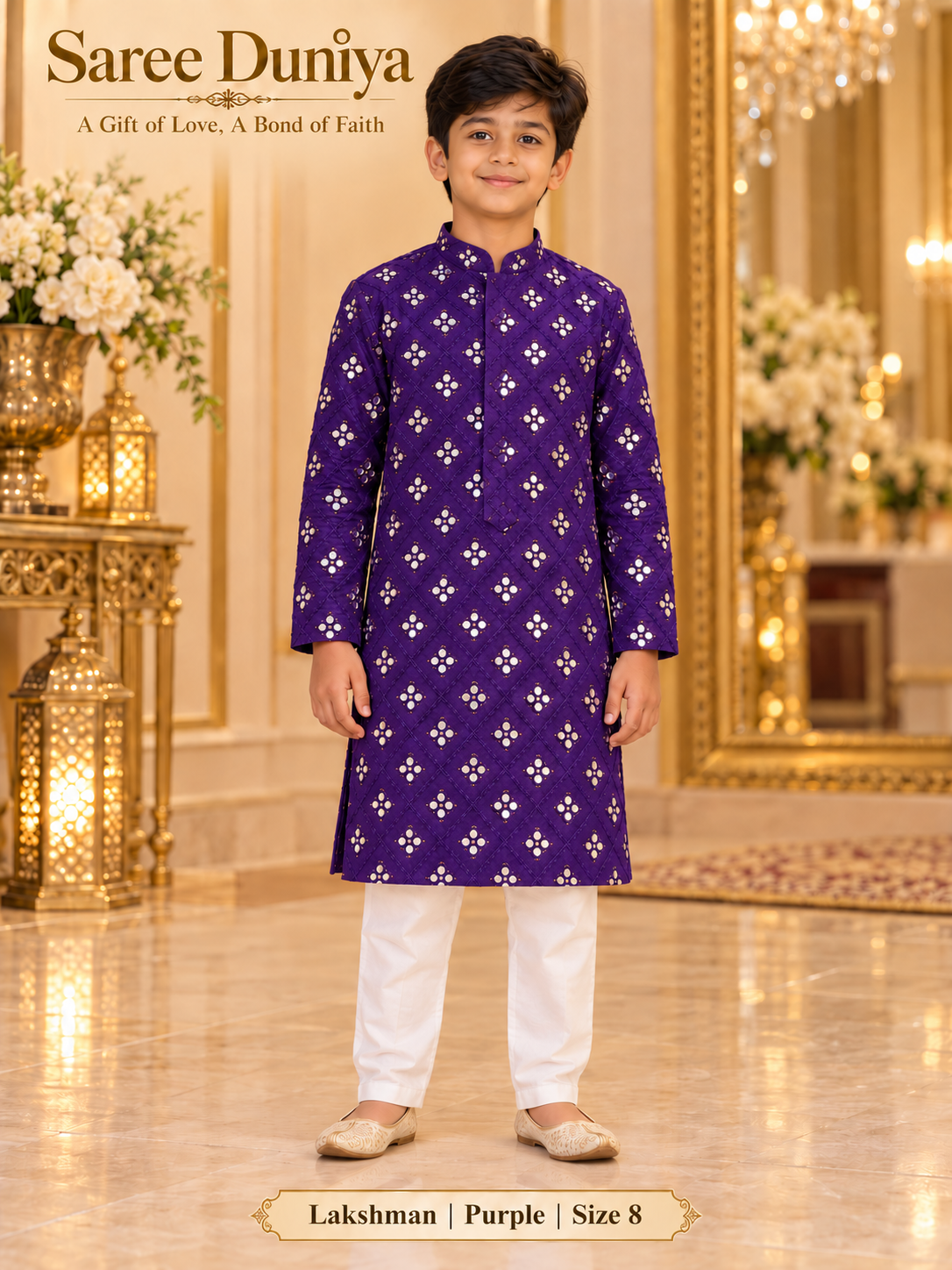 Lakshman Purple size 8: age-appropriate child model wearing the embellished kurta and white polo pajama set.