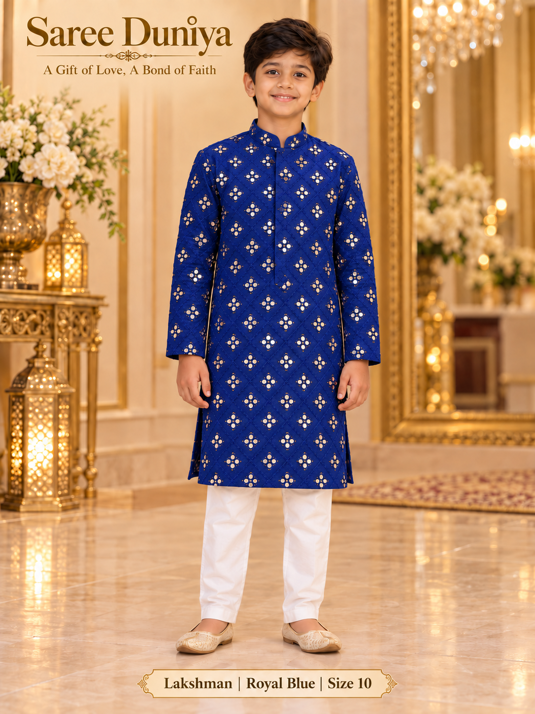 Lakshman Royal Blue size 10: age-appropriate child model wearing the embellished kurta and white polo pajama set.