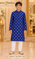 Lakshman Royal Blue size 12: age-appropriate child model wearing the embellished kurta and white polo pajama set.
