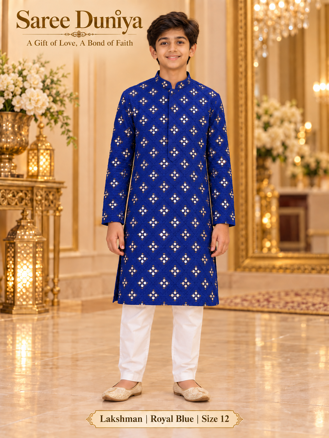 Lakshman Royal Blue size 12: age-appropriate child model wearing the embellished kurta and white polo pajama set.