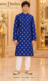 Lakshman Royal Blue size 14: age-appropriate child model wearing the embellished kurta and white polo pajama set.