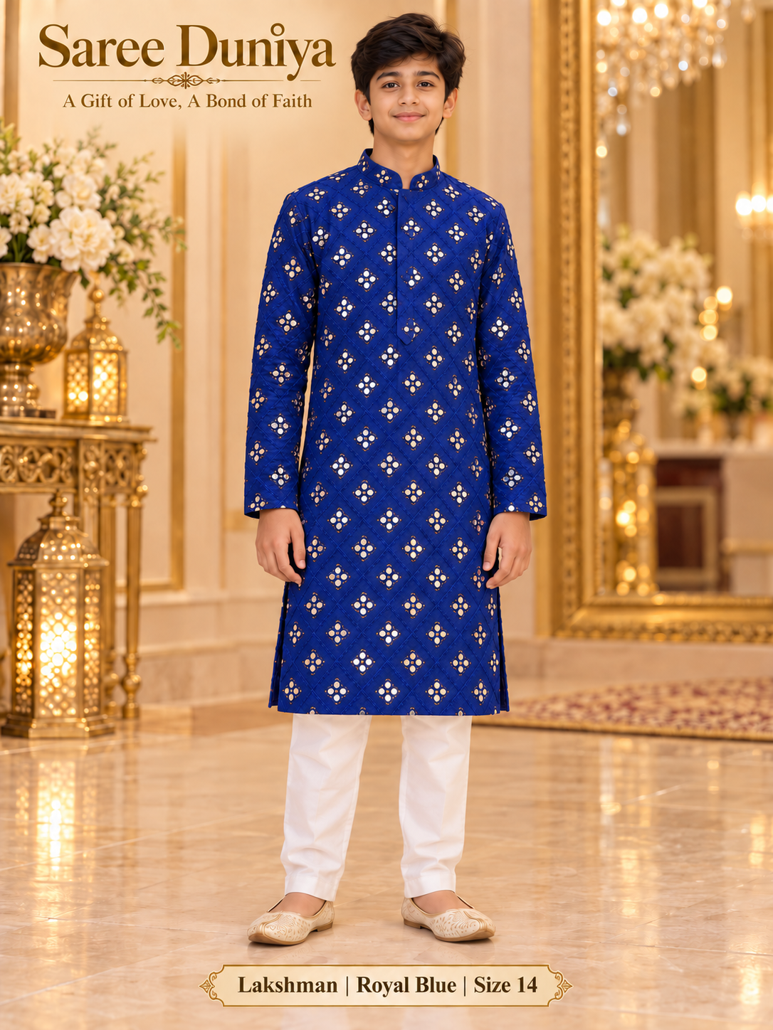 Lakshman Royal Blue size 14: age-appropriate child model wearing the embellished kurta and white polo pajama set.