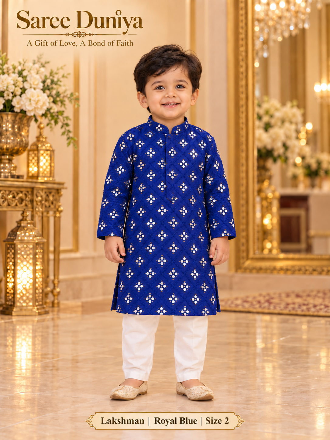 Lakshman Royal Blue size 2: age-appropriate child model wearing the embellished kurta and white polo pajama set.