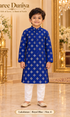 Lakshman Royal Blue size 4: age-appropriate child model wearing the embellished kurta and white polo pajama set.