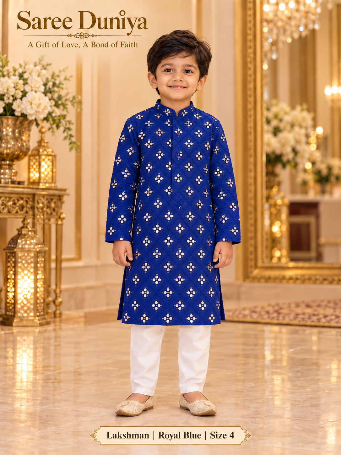 Lakshman Royal Blue size 4: age-appropriate child model wearing the embellished kurta and white polo pajama set.