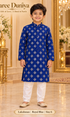 Lakshman Royal Blue size 6: age-appropriate child model wearing the embellished kurta and white polo pajama set.