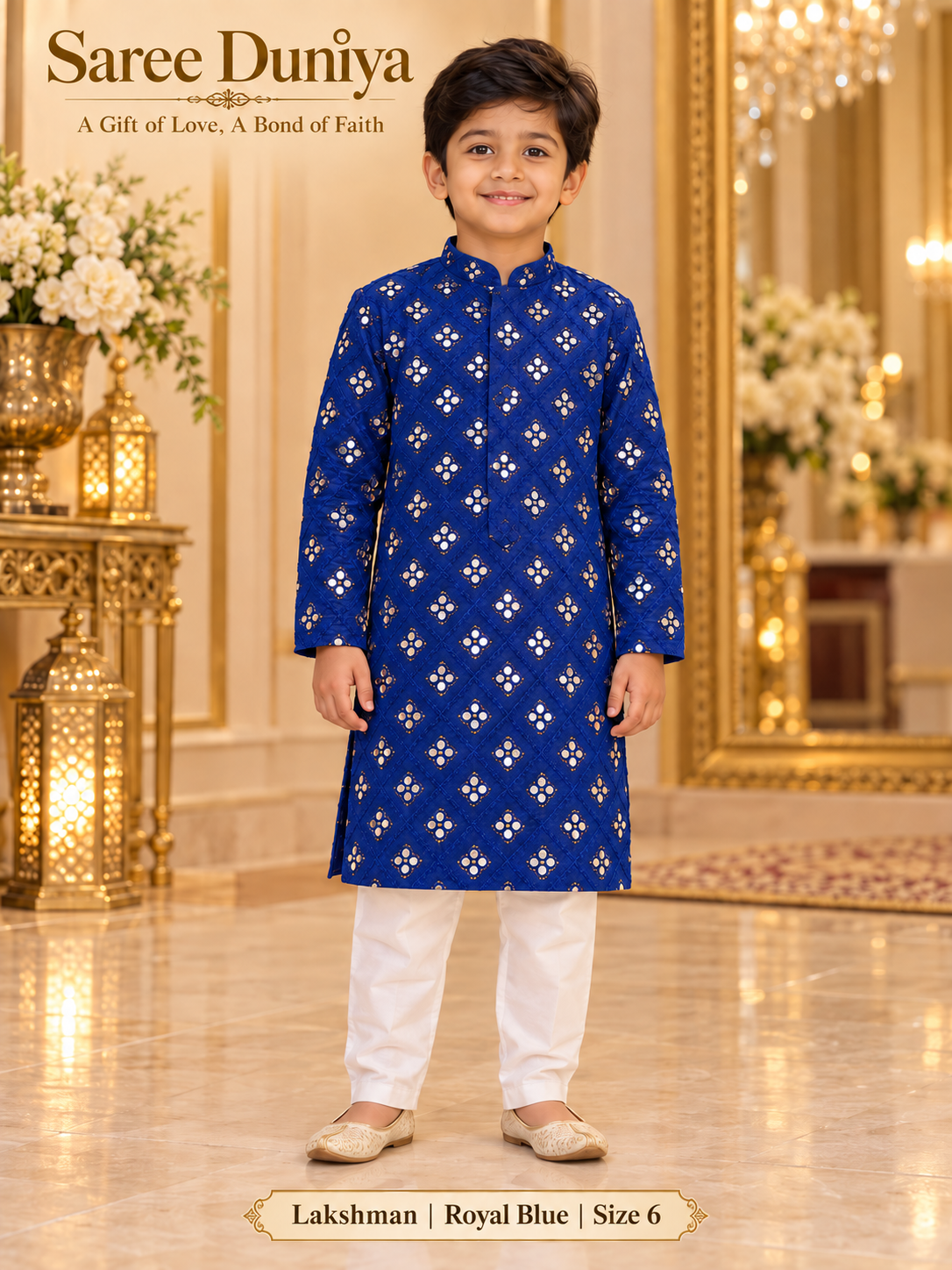 Lakshman Royal Blue size 6: age-appropriate child model wearing the embellished kurta and white polo pajama set.