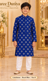 Lakshman Royal Blue size 8: age-appropriate child model wearing the embellished kurta and white polo pajama set.