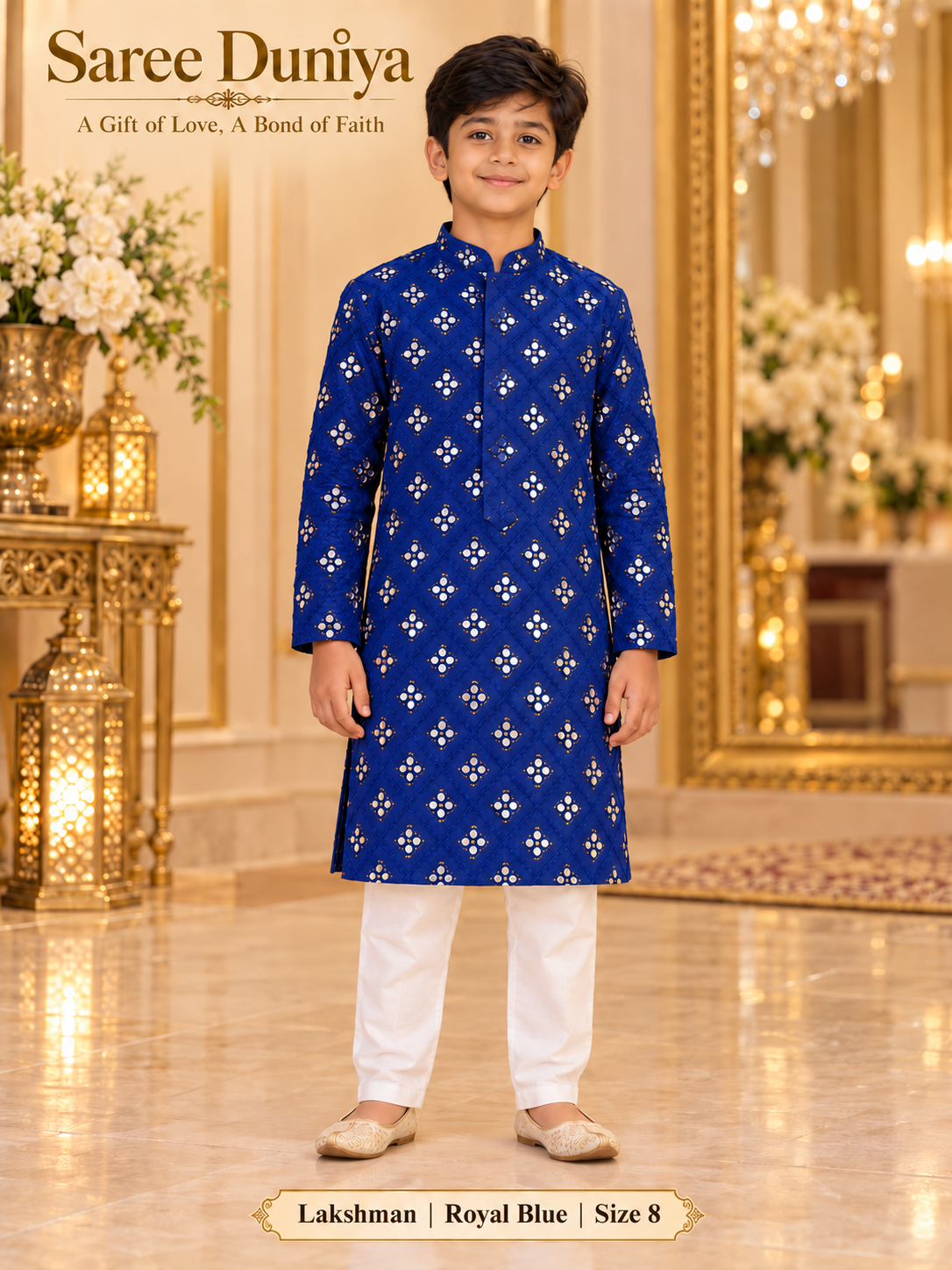 Lakshman Royal Blue size 8: age-appropriate child model wearing the embellished kurta and white polo pajama set.