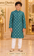 Lakshman Turquoise size 10: age-appropriate child model wearing the embellished kurta and white polo pajama set.