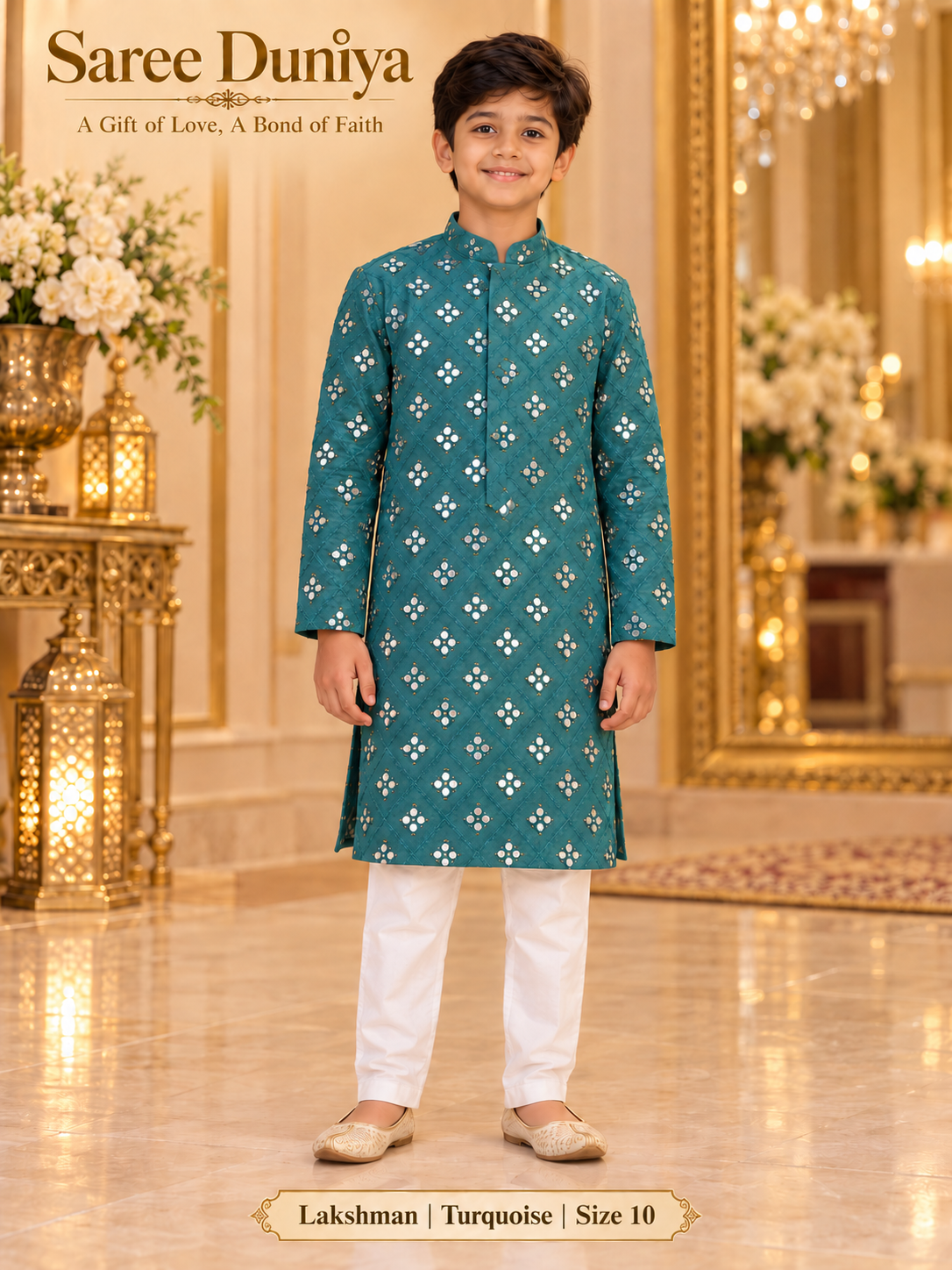 Lakshman Turquoise size 10: age-appropriate child model wearing the embellished kurta and white polo pajama set.