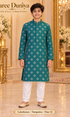 Lakshman Turquoise size 12: age-appropriate child model wearing the embellished kurta and white polo pajama set.