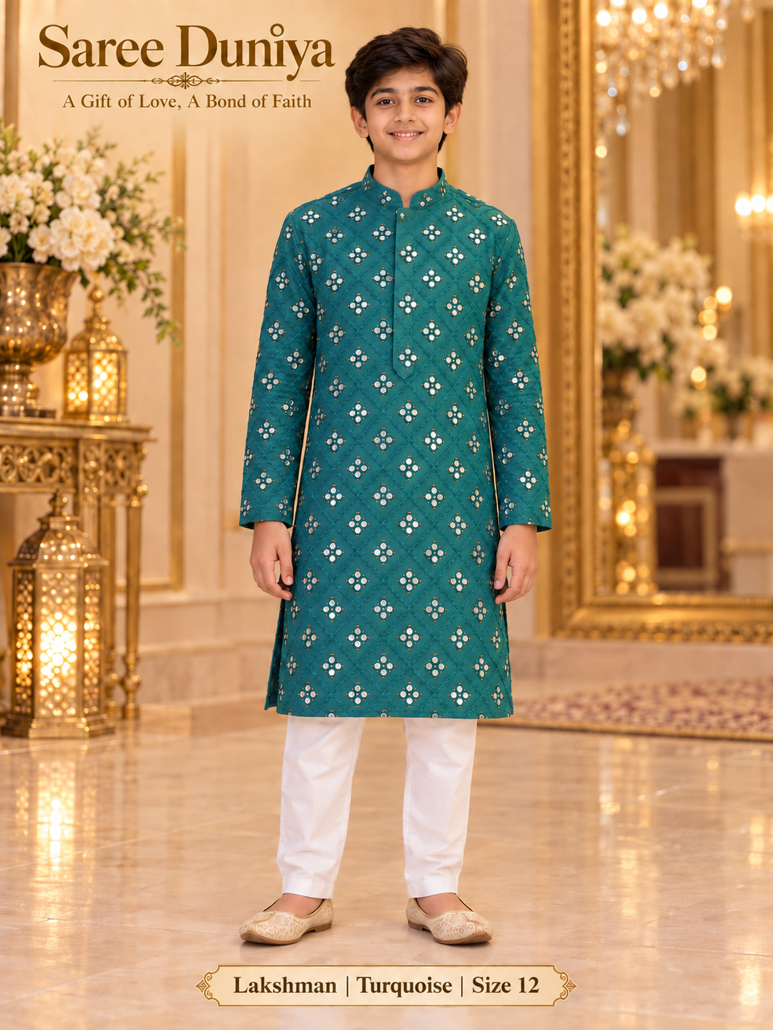 Lakshman Turquoise size 12: age-appropriate child model wearing the embellished kurta and white polo pajama set.