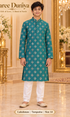Lakshman Turquoise size 14: age-appropriate child model wearing the embellished kurta and white polo pajama set.