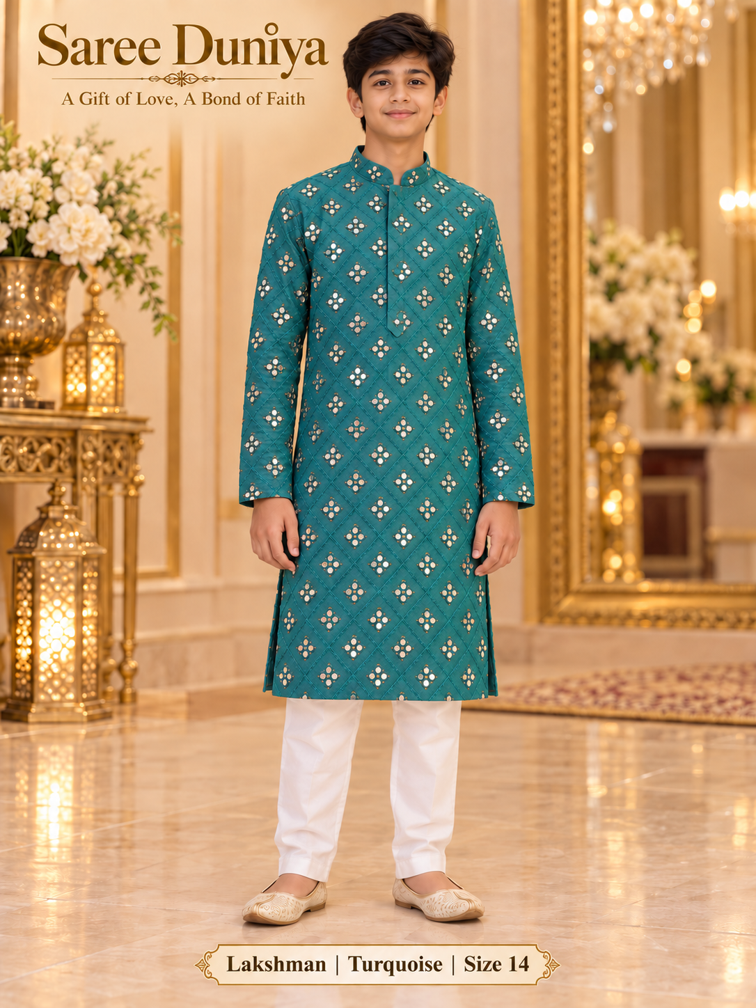 Lakshman Turquoise size 14: age-appropriate child model wearing the embellished kurta and white polo pajama set.