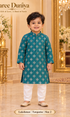 Lakshman Turquoise size 2: age-appropriate child model wearing the embellished kurta and white polo pajama set.