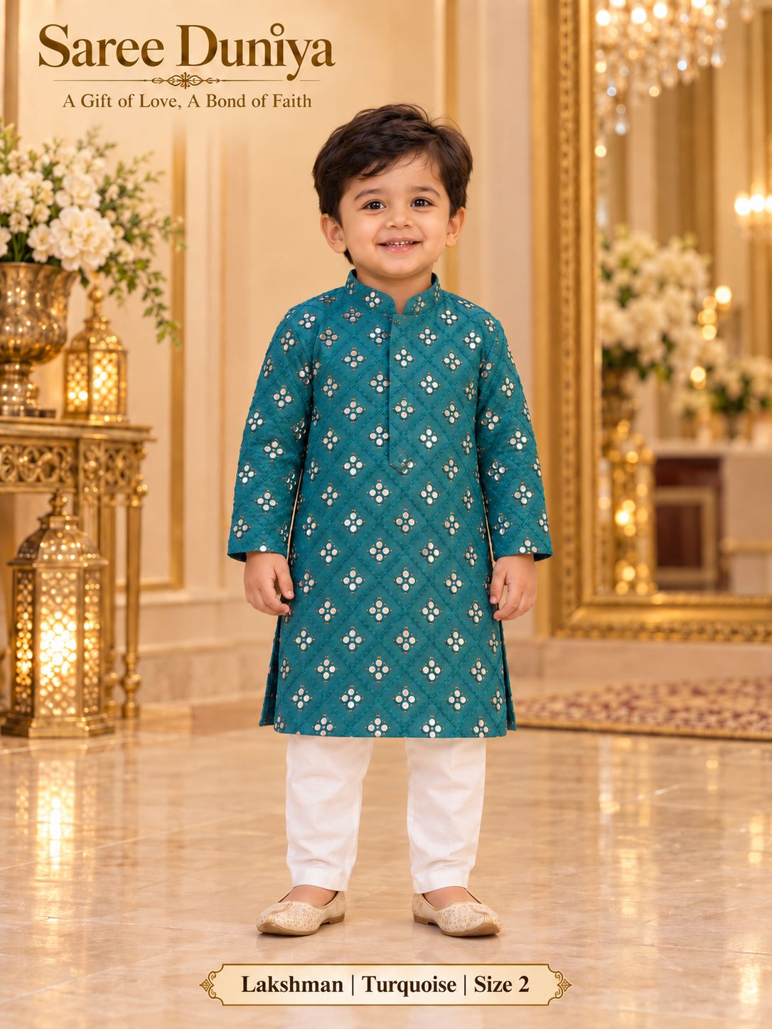Lakshman Turquoise size 2: age-appropriate child model wearing the embellished kurta and white polo pajama set.