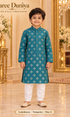 Lakshman Turquoise size 4: age-appropriate child model wearing the embellished kurta and white polo pajama set.