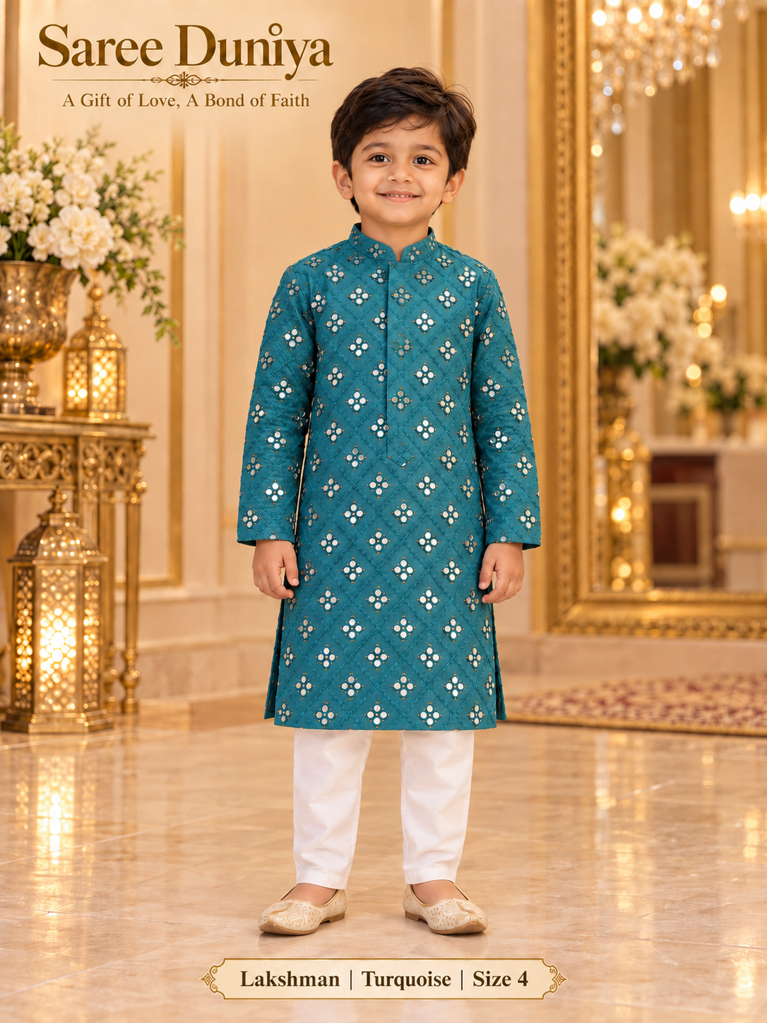Lakshman Turquoise size 4: age-appropriate child model wearing the embellished kurta and white polo pajama set.