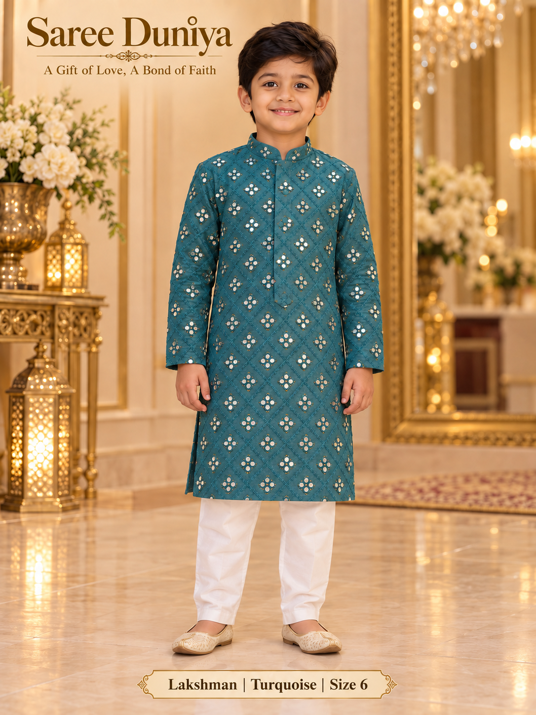 Lakshman Turquoise size 6: age-appropriate child model wearing the embellished kurta and white polo pajama set.