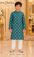 Lakshman Turquoise size 8: age-appropriate child model wearing the embellished kurta and white polo pajama set.
