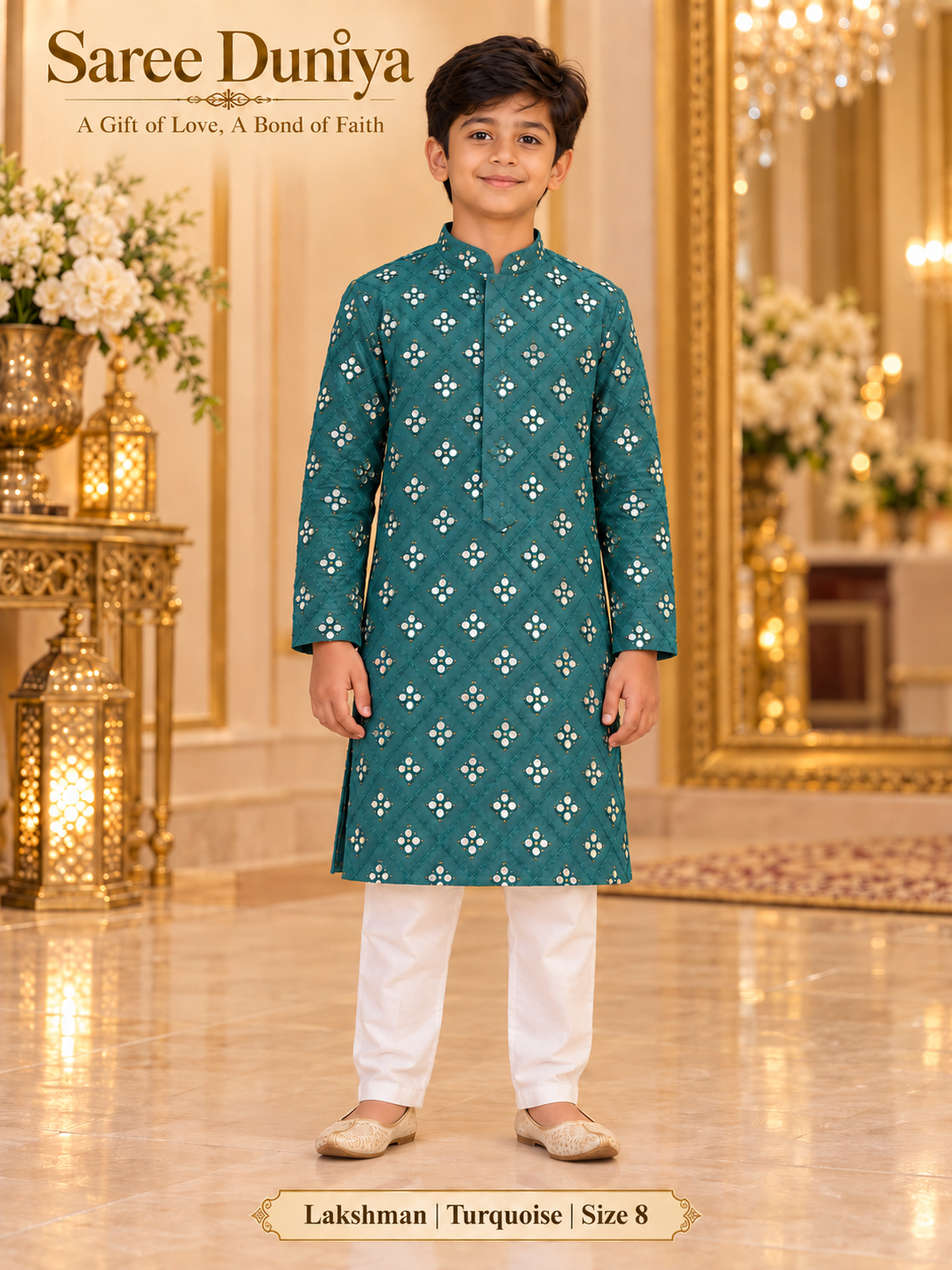 Lakshman Turquoise size 8: age-appropriate child model wearing the embellished kurta and white polo pajama set.