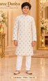 Lakshman White size 10: age-appropriate child model wearing the embellished kurta and white polo pajama set.