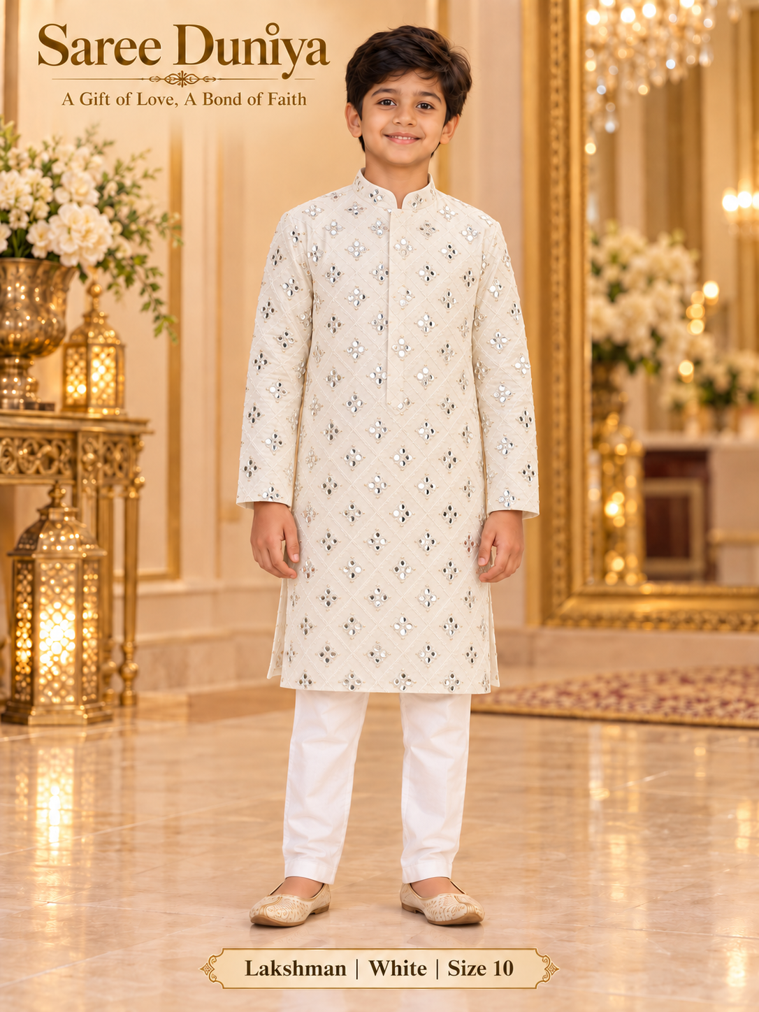 Lakshman White size 10: age-appropriate child model wearing the embellished kurta and white polo pajama set.