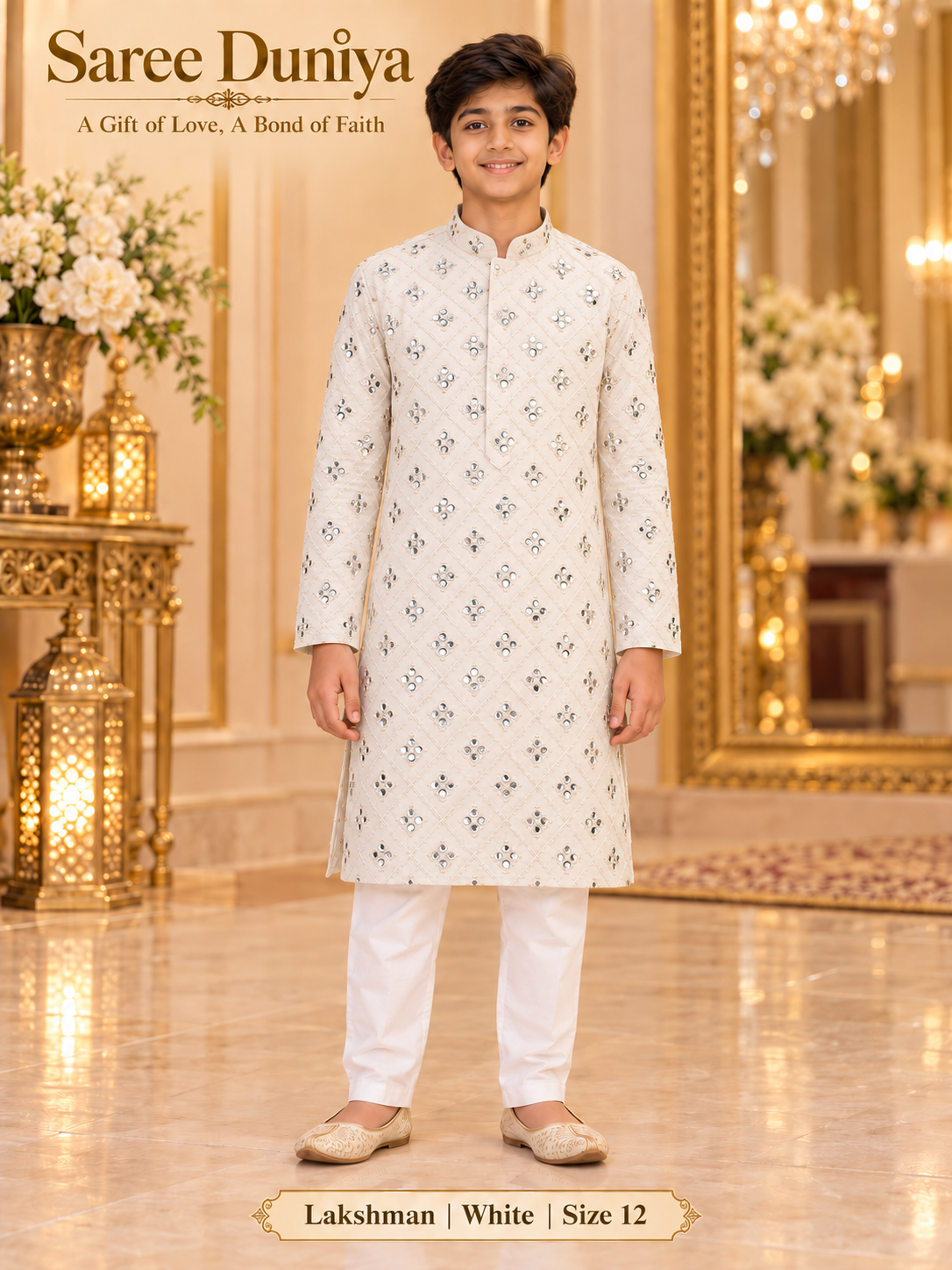Lakshman White size 12: age-appropriate child model wearing the embellished kurta and white polo pajama set.