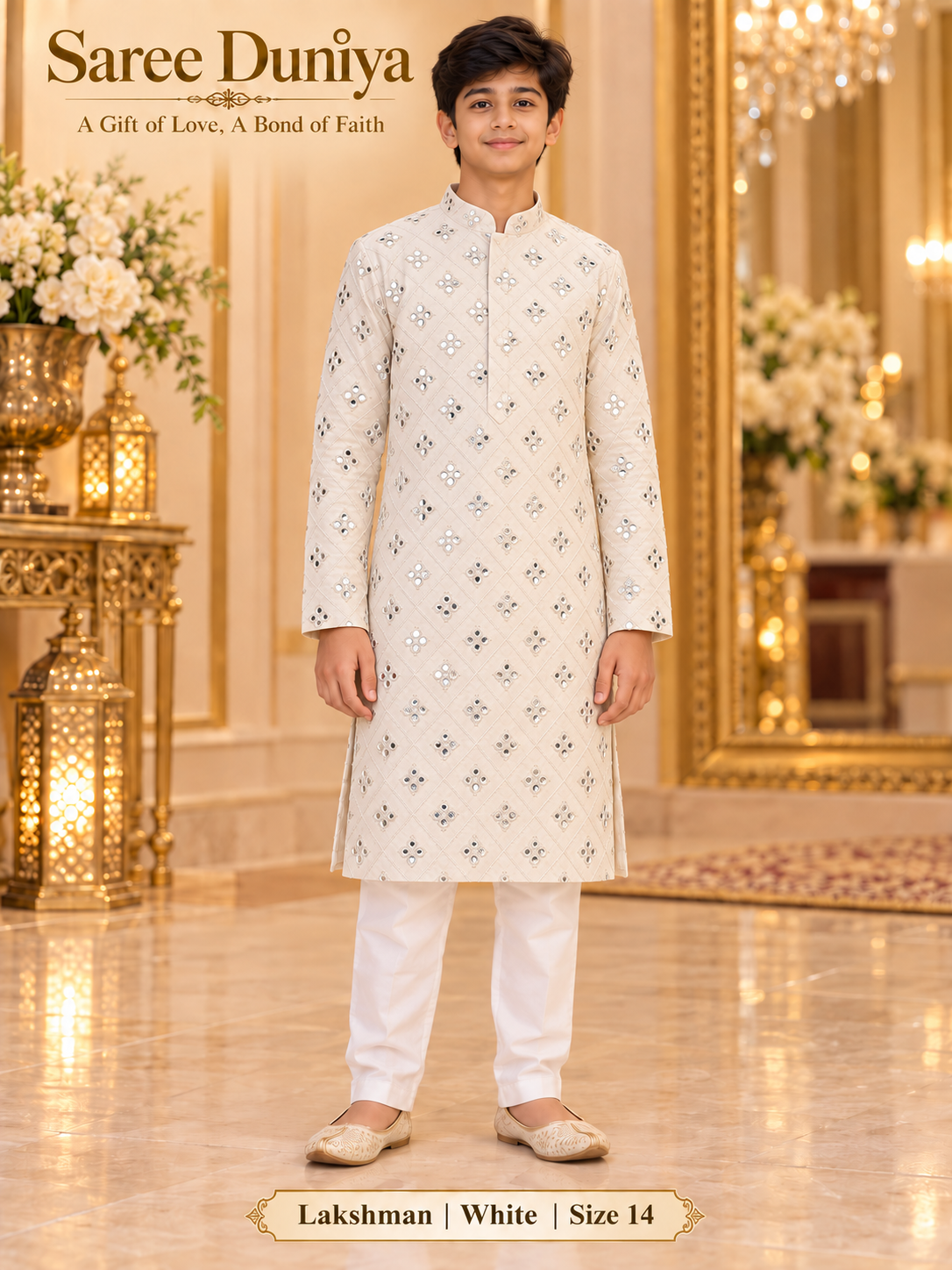 Lakshman White size 14: age-appropriate child model wearing the embellished kurta and white polo pajama set.