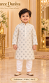 Lakshman White size 2: age-appropriate child model wearing the embellished kurta and white polo pajama set.