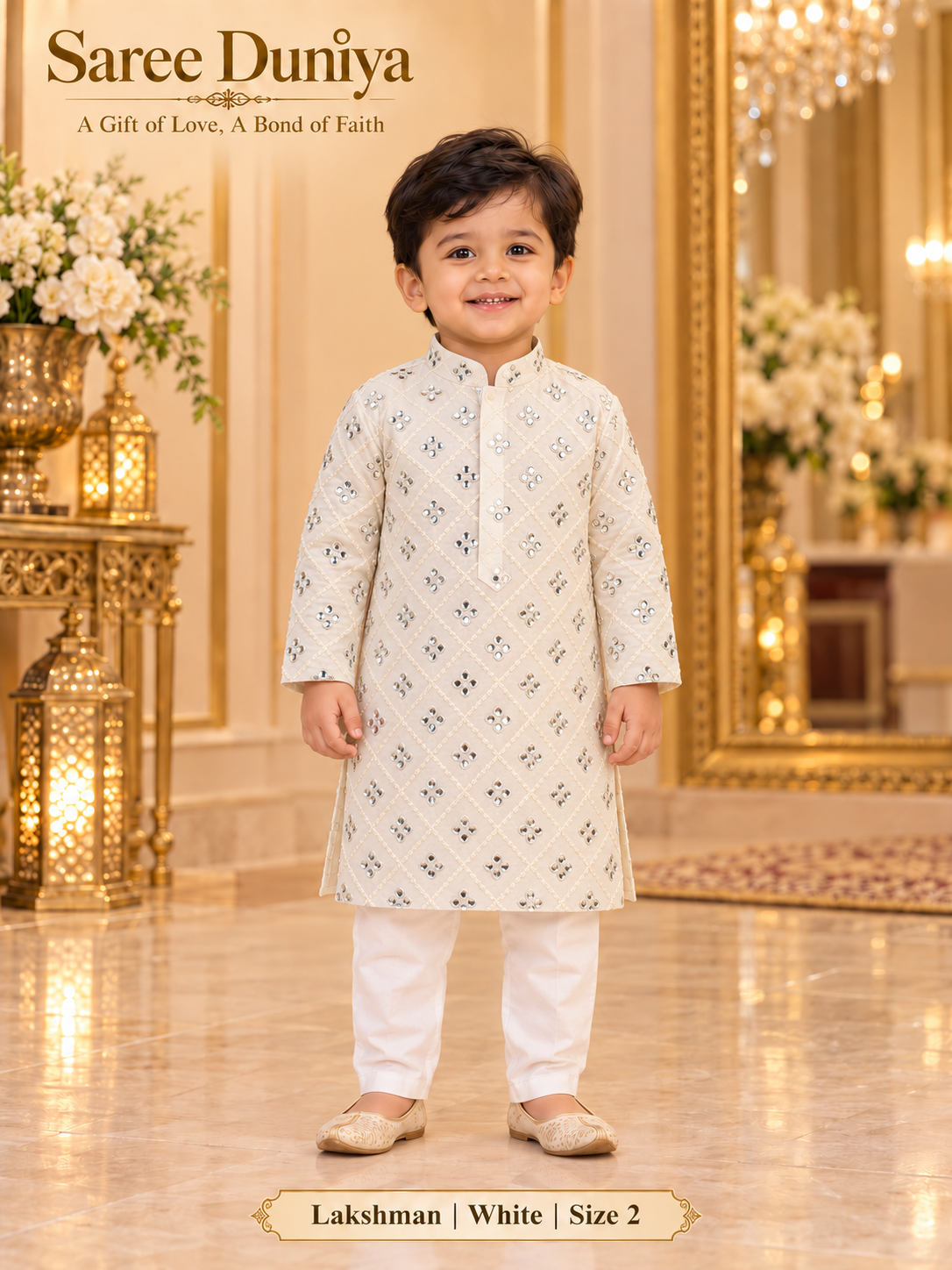 Lakshman White size 2: age-appropriate child model wearing the embellished kurta and white polo pajama set.