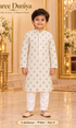 Lakshman White size 4: age-appropriate child model wearing the embellished kurta and white polo pajama set.