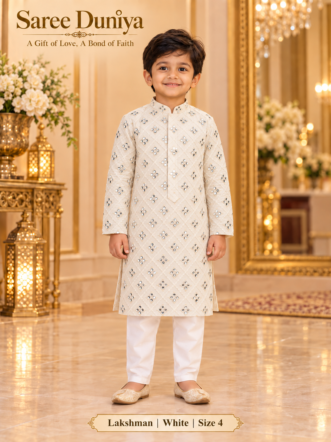 Lakshman White size 4: age-appropriate child model wearing the embellished kurta and white polo pajama set.