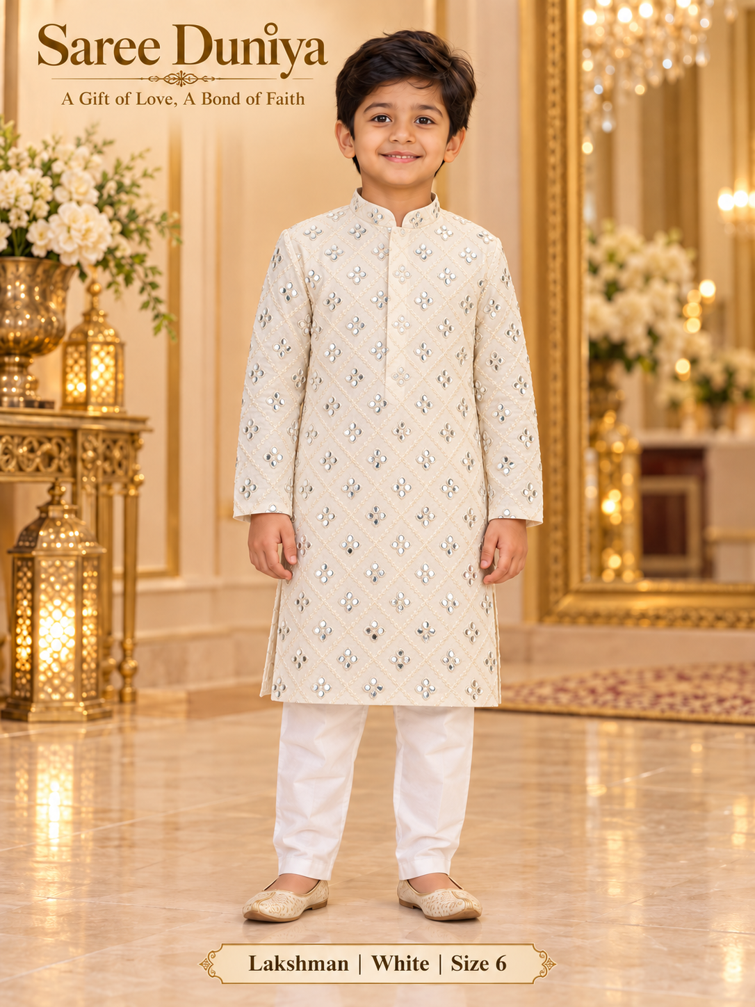 Lakshman White size 6: age-appropriate child model wearing the embellished kurta and white polo pajama set.